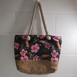 Floral Canvas Burlap Thick Cotton Rope Handles Beach Tote Bag Zip Top Closure